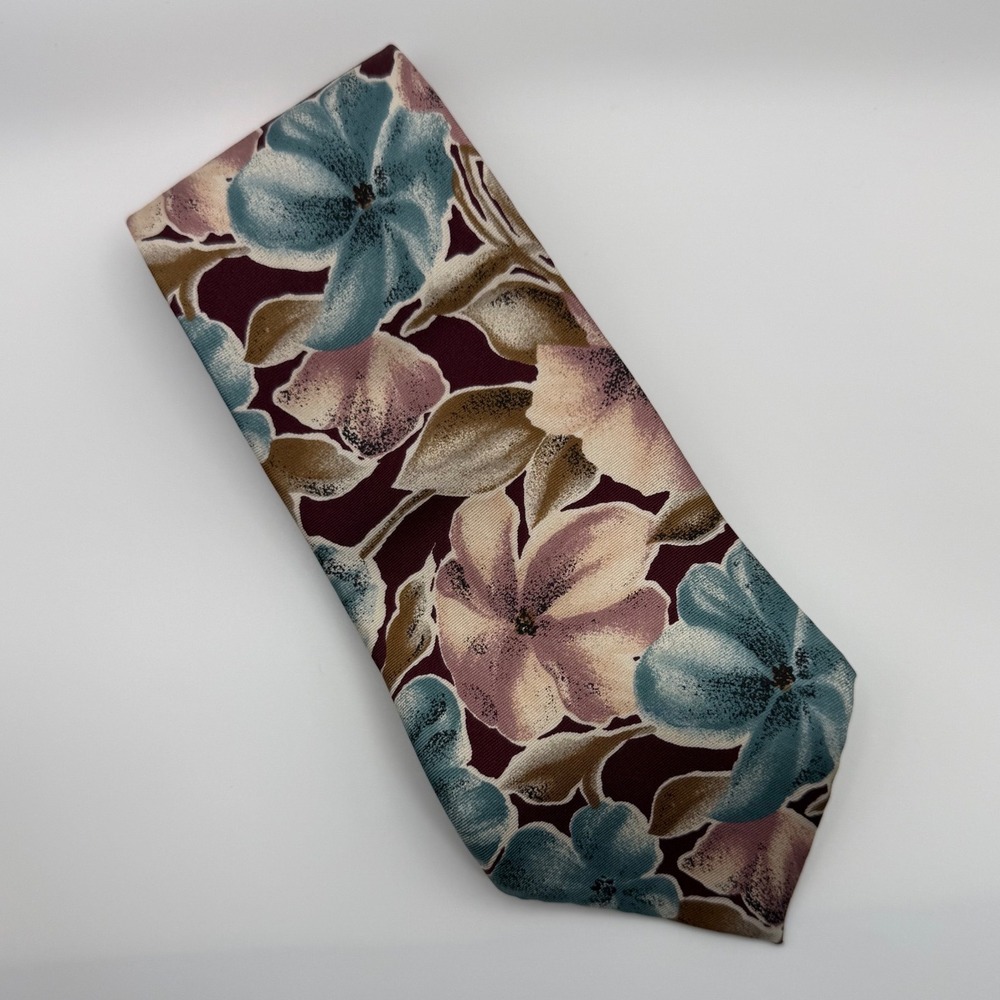Oscar de la Renta Silk Tie OS Floral Burgundy Blue Mauve Vintage Retro Classic